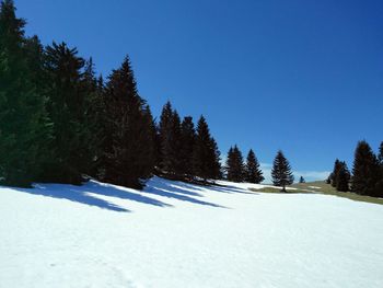 Scenic view of snow covered landscape against clear blue sky