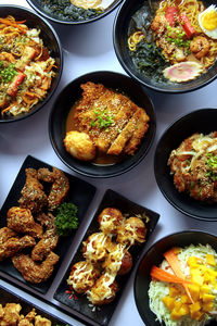 High angle view of food served on table