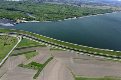 Aerial view of the hydropower dam on the drava river