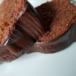 High angle view of chocolate cake in plate