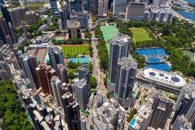 High angle view of modern buildings in city