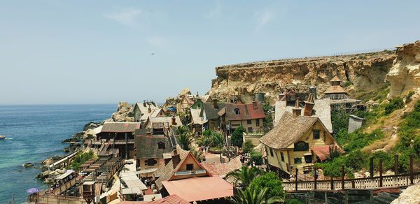 Aerial view of town by sea
