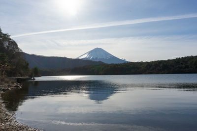 Scenic view of lake by mountains against sky