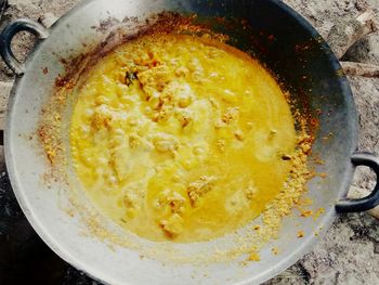 High angle view of soup in bowl