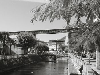 Bridge over river in city against clear sky