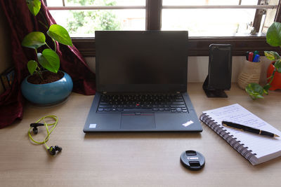 High angle view of laptop on table