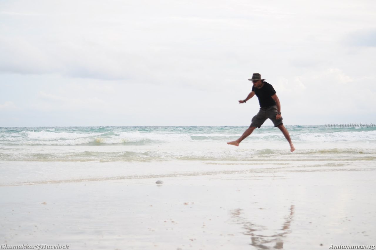 MAN ON BEACH AGAINST SKY