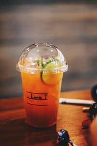 Close-up of drink on glass table