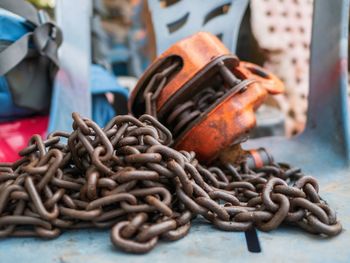 Close-up of rusty metal in market