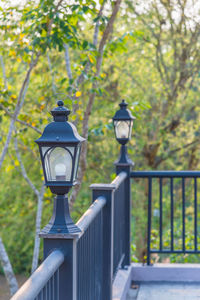 Close-up of street light against trees in park