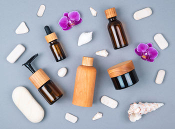 High angle view of bottles on table