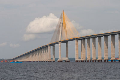 View of bridge over river against cloudy sky