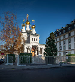 View of historic building against clear blue sky