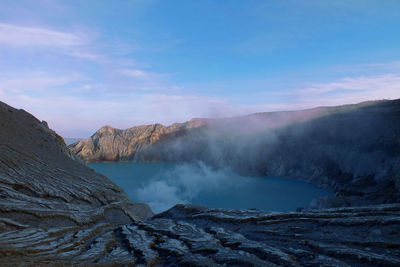 Smoke emitting from volcanic mountain against sky