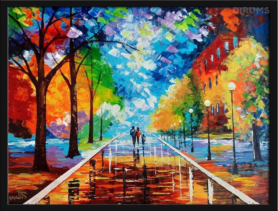 A dazzling colorful acrylic painting that illustrates the beauty of nature with the creative strokes of the brush over the canvas. One can see a few people paving down the streets, while there are trees over both sides of the path, making a natural umbrella. Tall lamp posts run along the sides of the pathways, while there are huge buildings standing up straight over the ages. The people seem to relish their walk in the midst of nature, while its shimmery color creates a sublime scenic view. To see the original image visit Dirums. Art Painting Acrylic Paint Nature Tree Architecture Plant Art Gallery Handmade Painting Original Artwork Original Painting