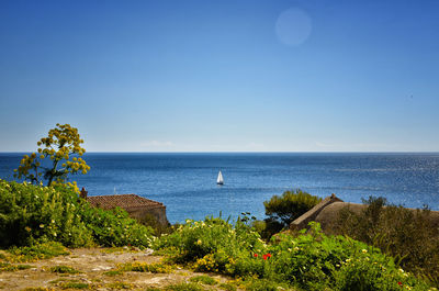 Scenic view of sea against clear blue sky