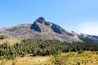 Scenic view of mountains against clear blue sky