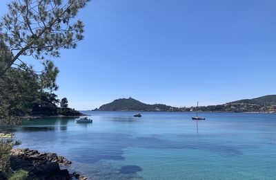 Scenic view of sea against clear blue sky