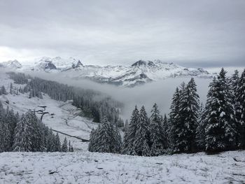 Scenic view of snow covered mountains against sky