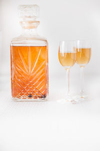 Close-up of wineglass on table against white background