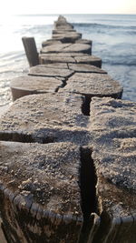 Close-up of wooden posts on beach