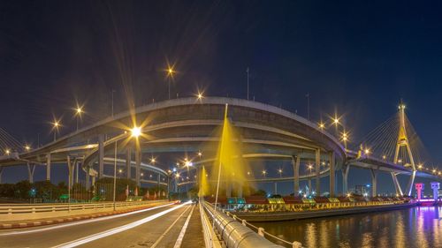 Illuminated bridge over river at night