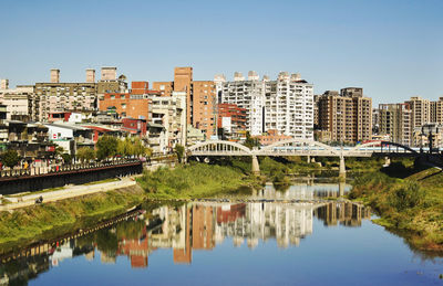 Reflection of buildings on river against sky