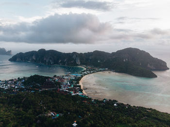 High angle view of bay against sky