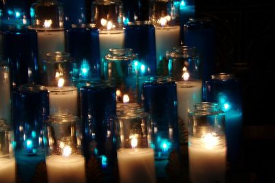 Close-up of lit candles in row