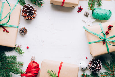 High angle view of christmas tree on table