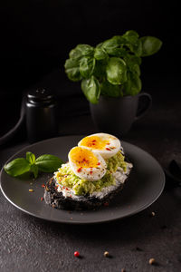 Breakfast with avocado toast with eggs on a plate