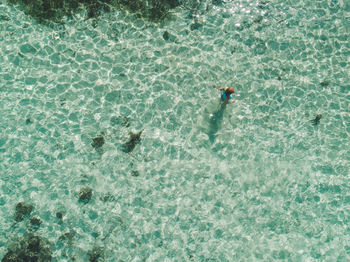 High angle view of woman standing in sea