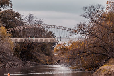 Bridge over river amidst trees against sky