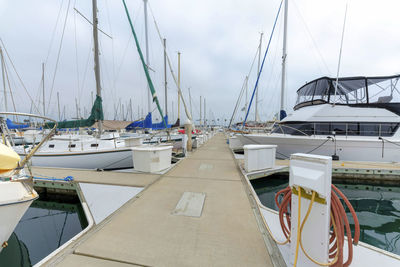 Sailboats moored in harbor against sky