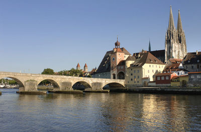 Bridge over river by buildings against clear sky