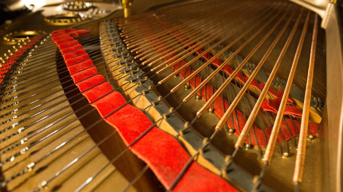High angle view of piano strings