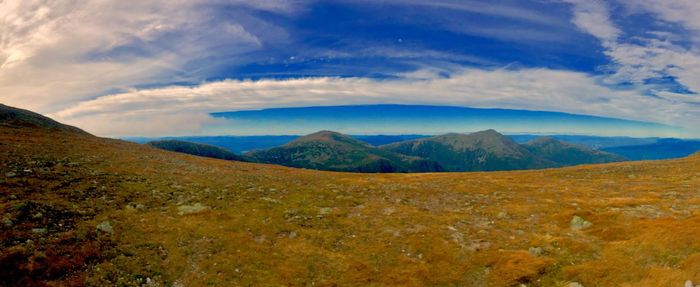 Scenic view of mountains against cloudy sky