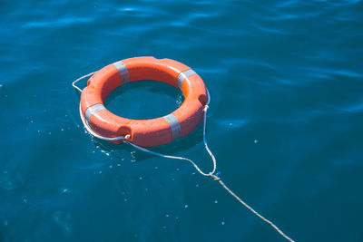 High angle view of life belt on sea