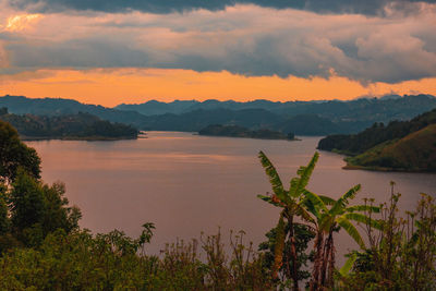 Scenic view at lake mutanda at sunset seen from the skeleton island in kisoro town, uganda