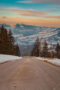 Road by trees against sky during winter