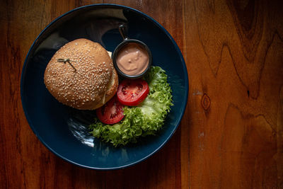 High angle view of breakfast in plate on table