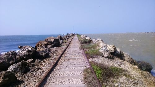 Empty railroad track by sea