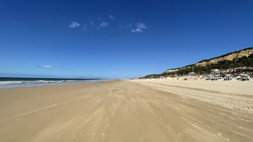Scenic view of beach against blue sky
