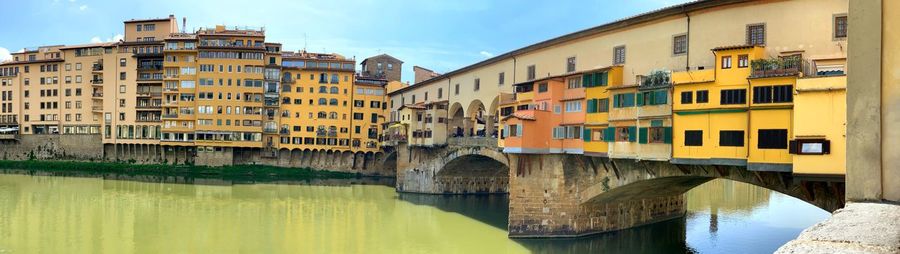 Bridge over river by buildings in city against sky