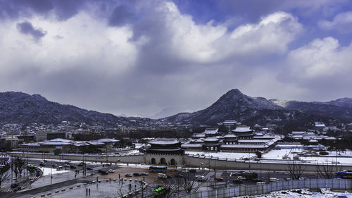 High angle view of snowcapped mountains against sky