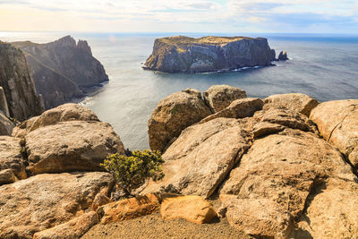 Scenic view of rocks in sea against sky