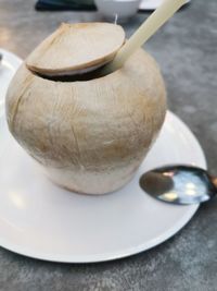 High angle view of bread in bowl on table