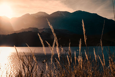 Scenic view of mountains against sky during sunset