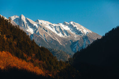 Scenic view of snowcapped mountains against clear sky