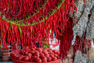 Chilli peppers hanging at a street market in turkey